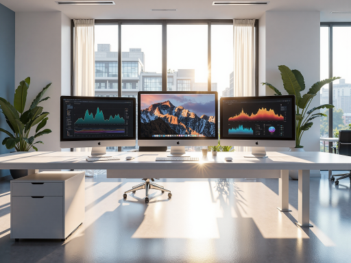 现代办公环境,多个办公桌和电脑屏幕,显示数据分析界面,蓝色背景,明亮自然光