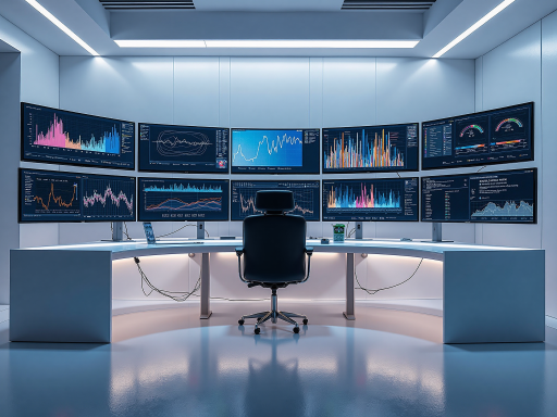 高科技工作环境,多台电脑屏幕显示数据分析图表,人工智能界面,蓝色背景,明亮自然光