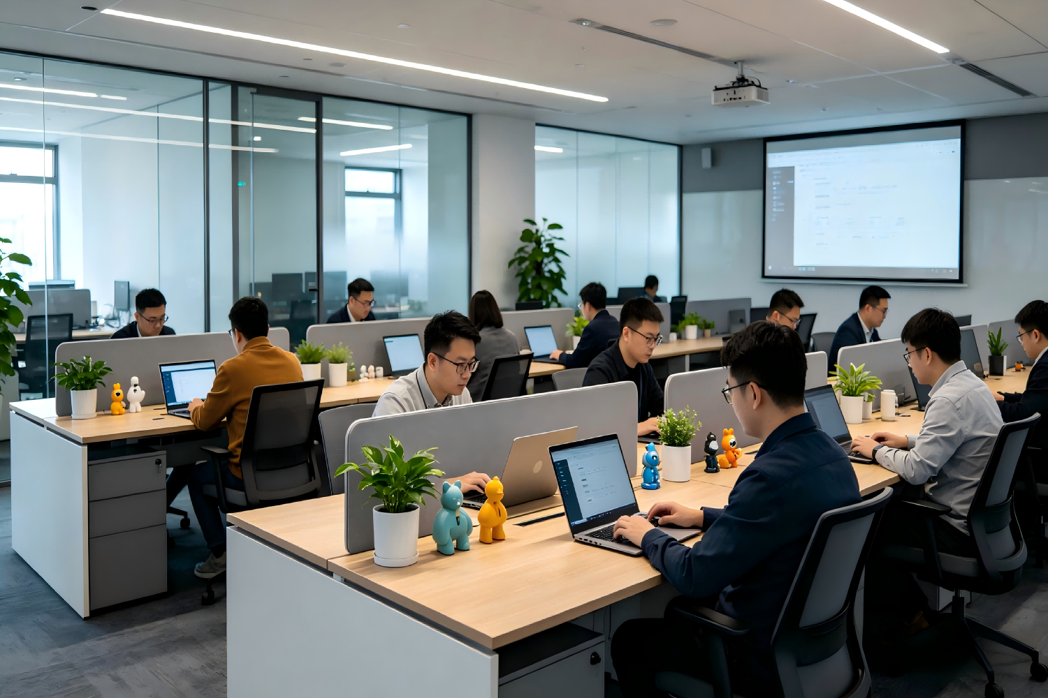 宽敞明亮的现代化办公空间,开放式工位,落地窗采光,绿植装饰,营造舒适的工作氛围